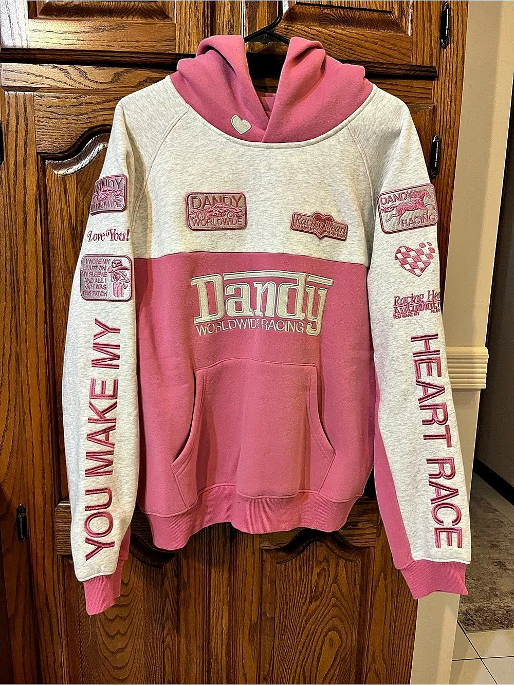 Dandy Worldwide Racing Heart Oversized Lux Hoodie in Pink & Gray Small